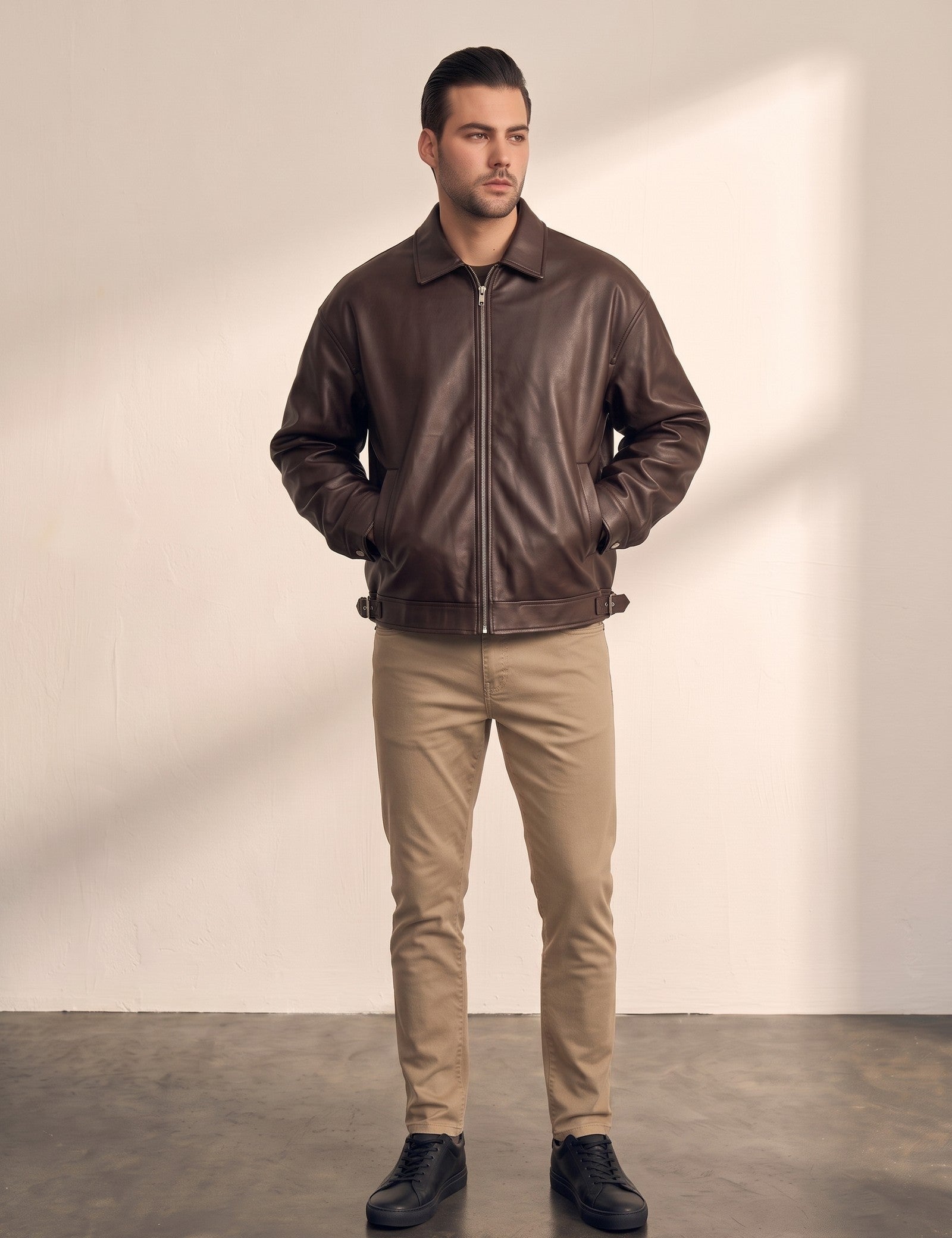 Oversized Bomber Jacket in Brown, front view, full length