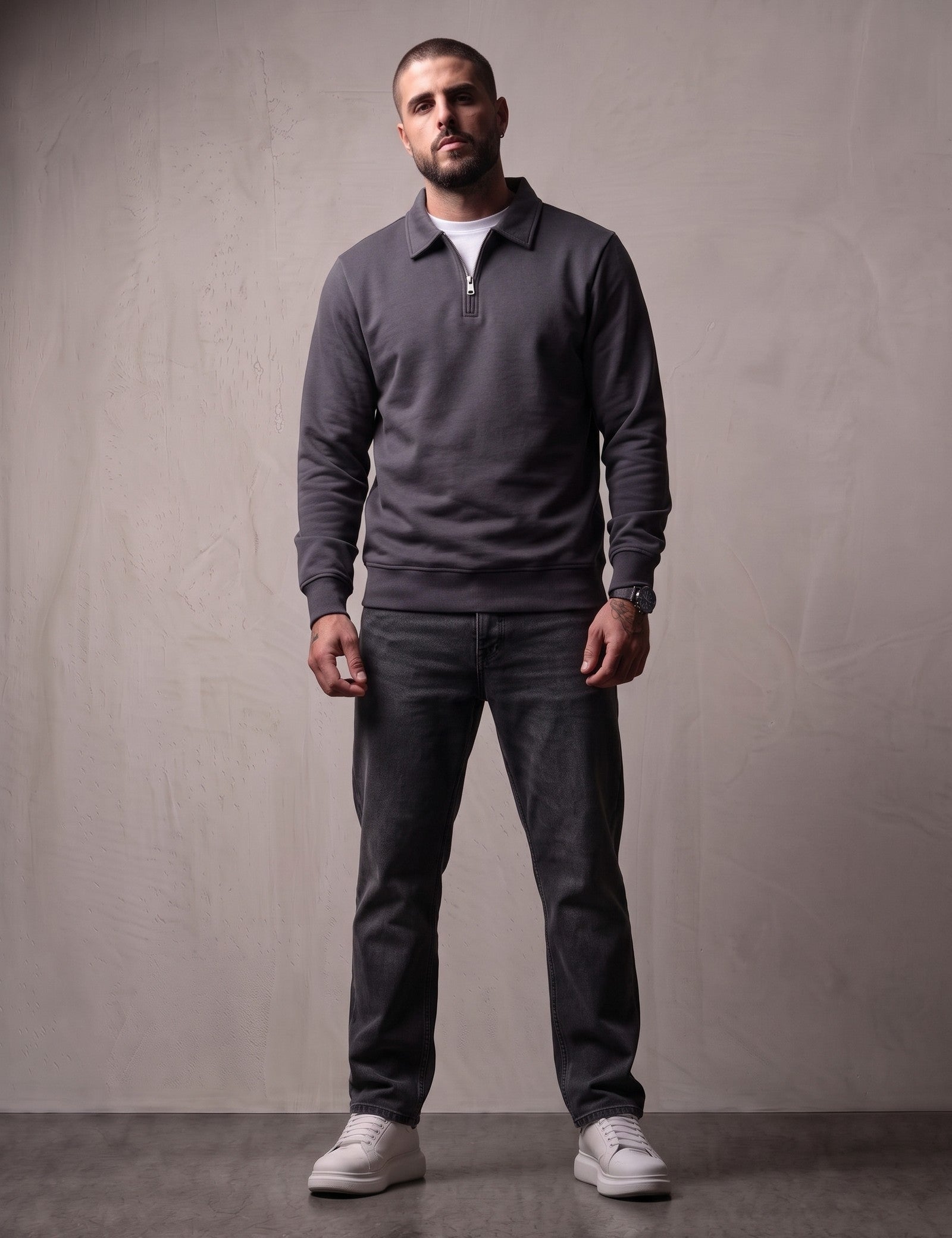 Quarter Zip Polo Sweatshirt in Charcoal, front view, full length
