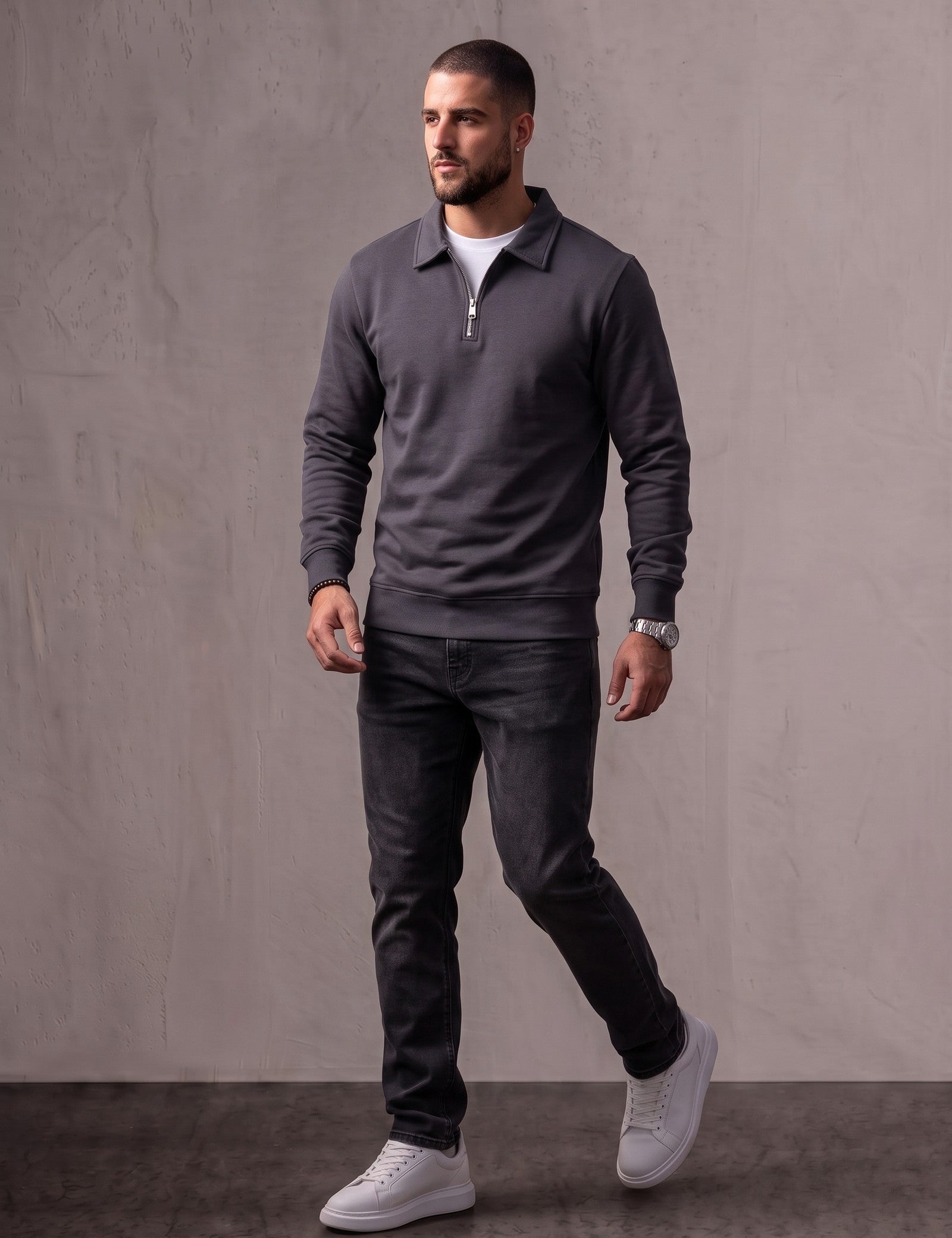 Quarter Zip Polo Sweatshirt, three-quarter view from the right, full length