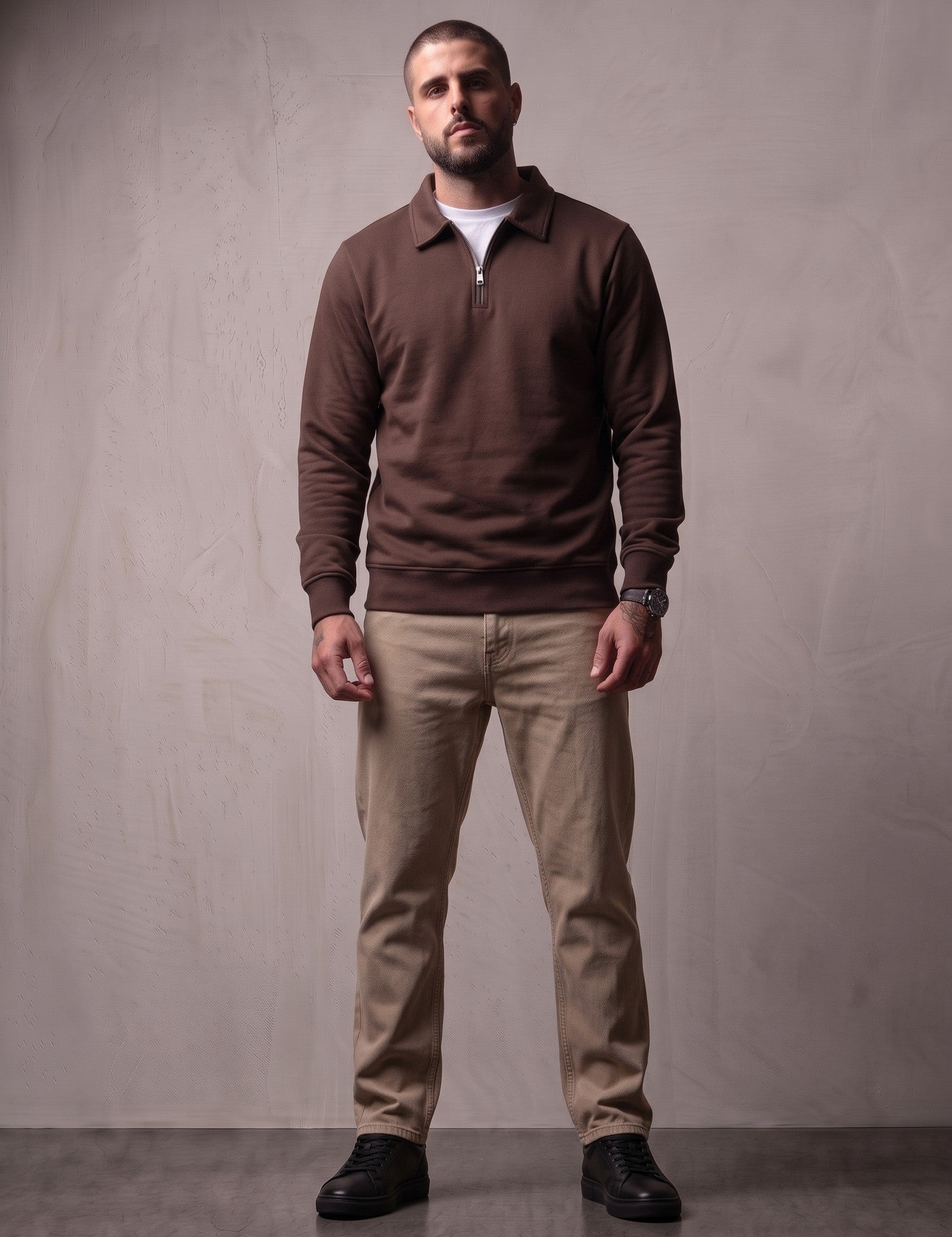 Quarter Zip Polo Sweatshirt in Brown, front view, full length
