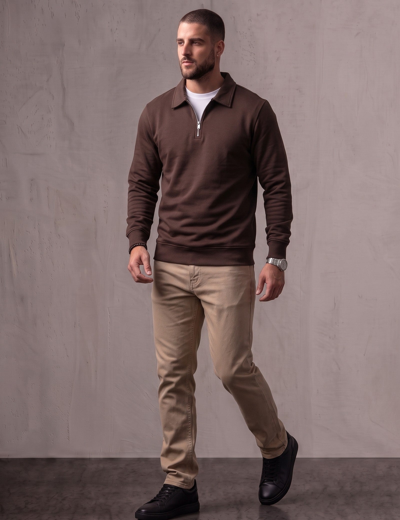 Quarter Zip Polo Sweatshirt, three-quarter view from the right, full length