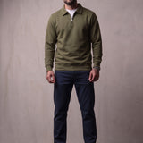 Quarter Zip Polo Sweatshirt in Olive Green, front view, full length