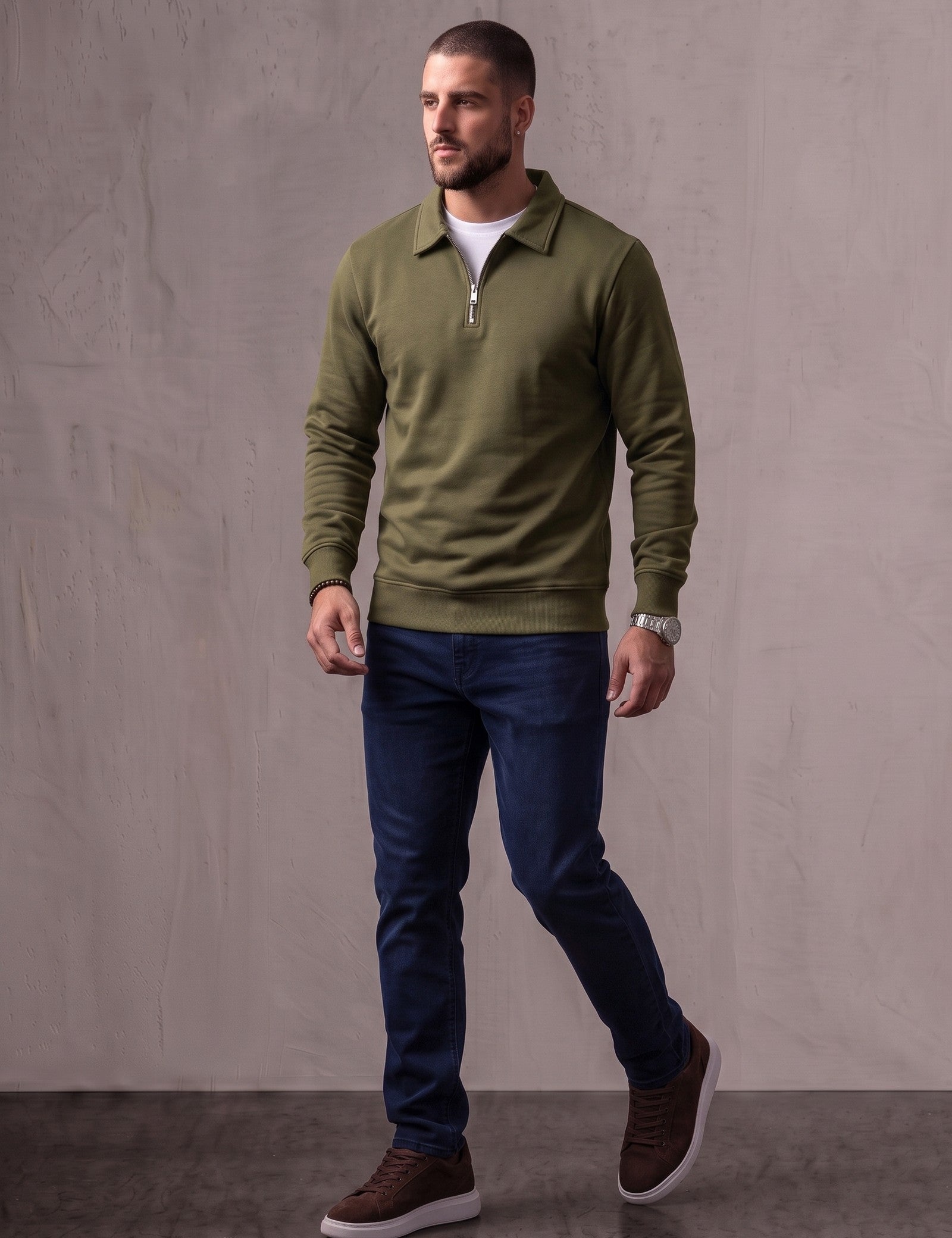 Quarter Zip Polo Sweatshirt, three-quarter view from the right, full length