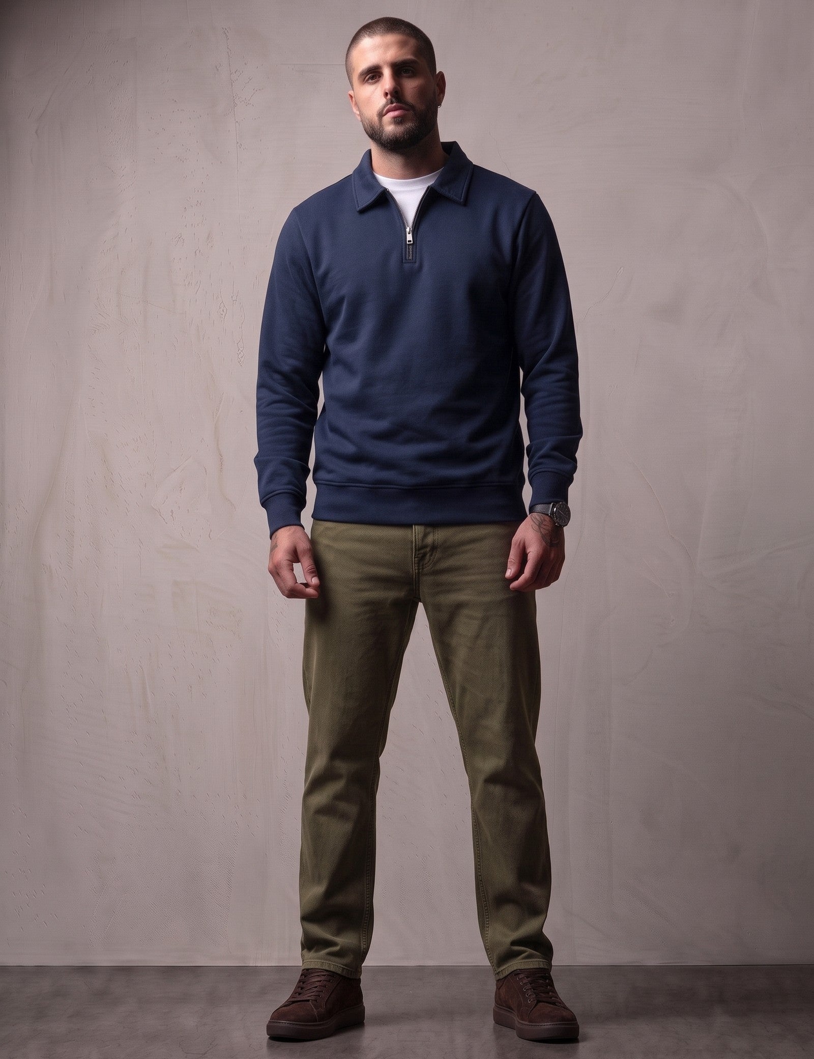 Quarter Zip Polo Sweatshirt in Navy Blue, front view, full length