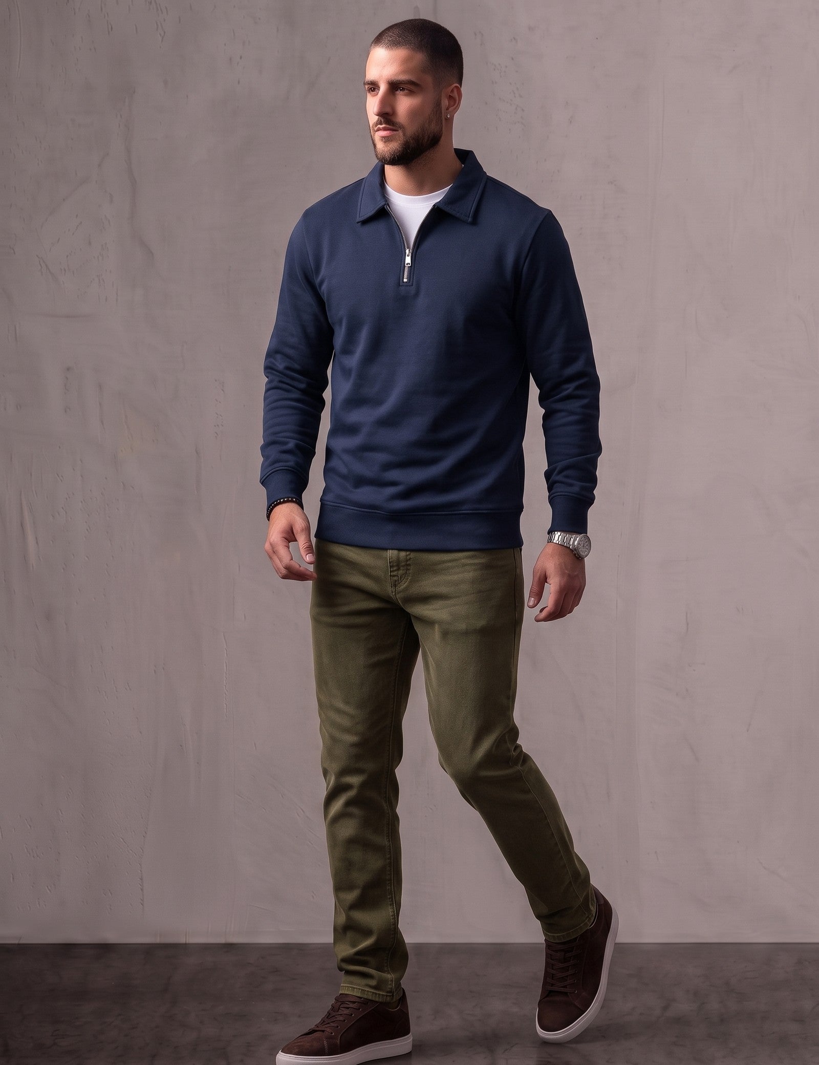 Quarter Zip Polo Sweatshirt, three-quarter view from the right, full length