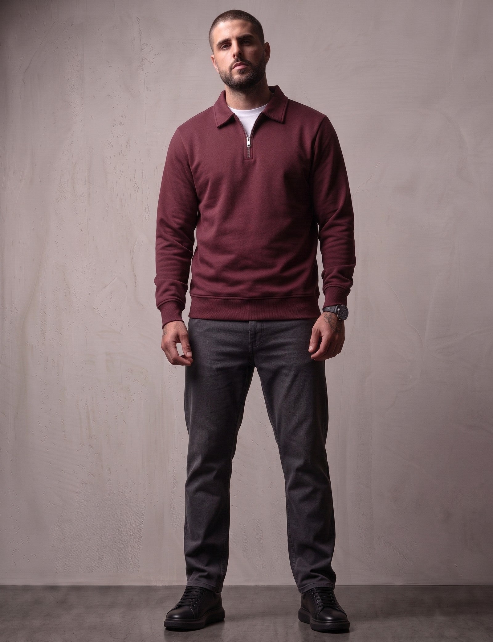 Quarter Zip Polo Sweatshirt in Burgundy, front view, full length