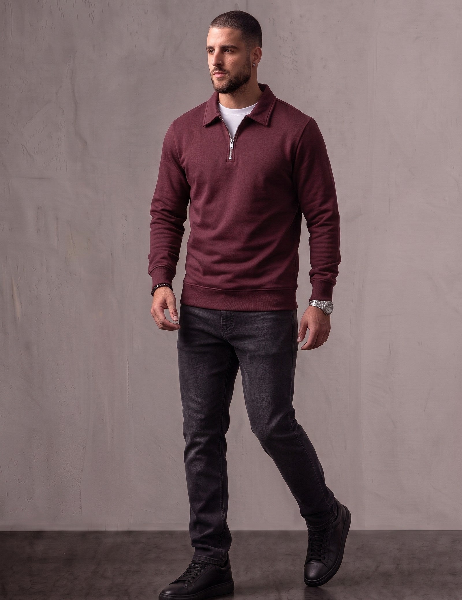 Quarter Zip Polo Sweatshirt, three-quarter view from the right, full length