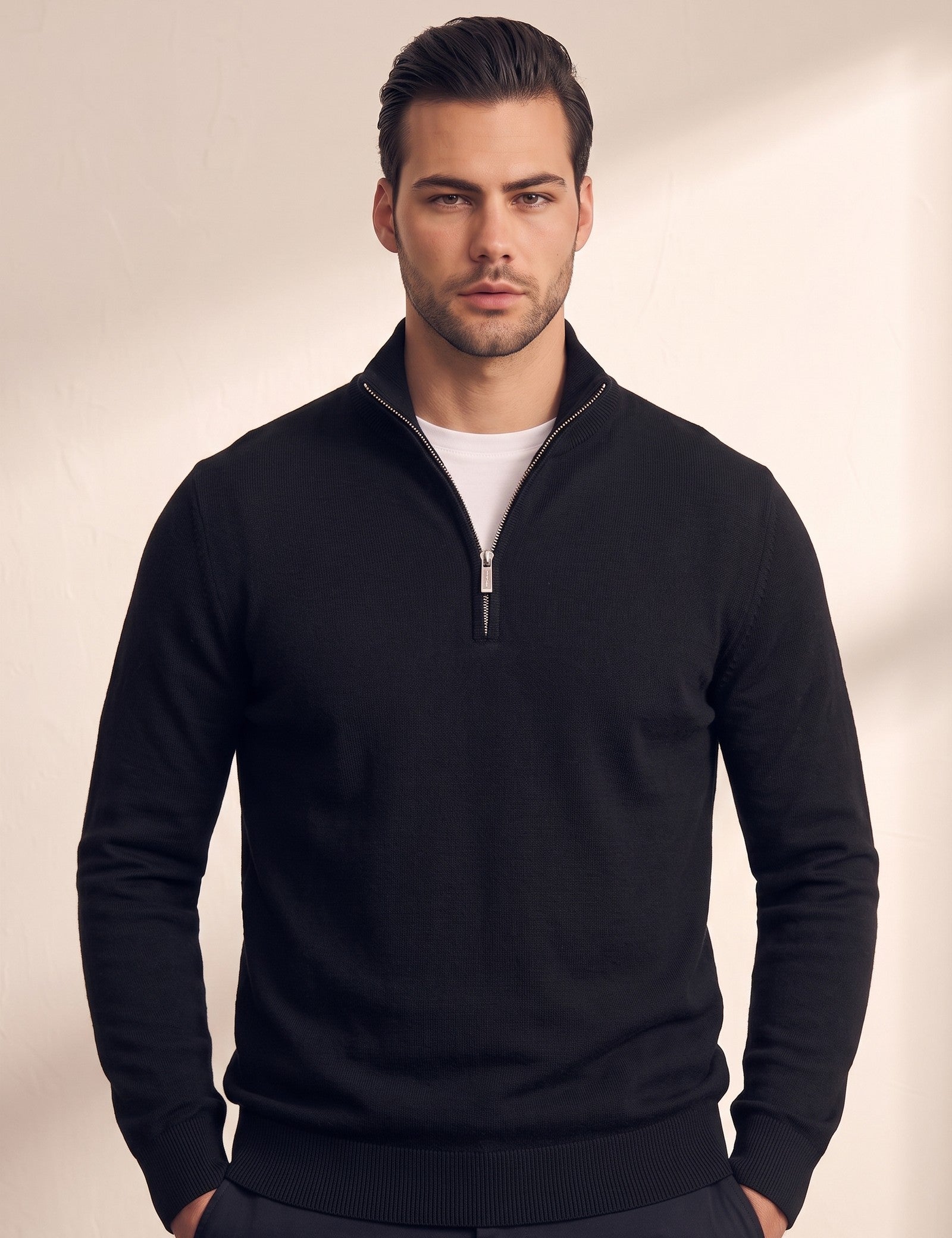 Quarter Zip Sweater, close-up of the upper body