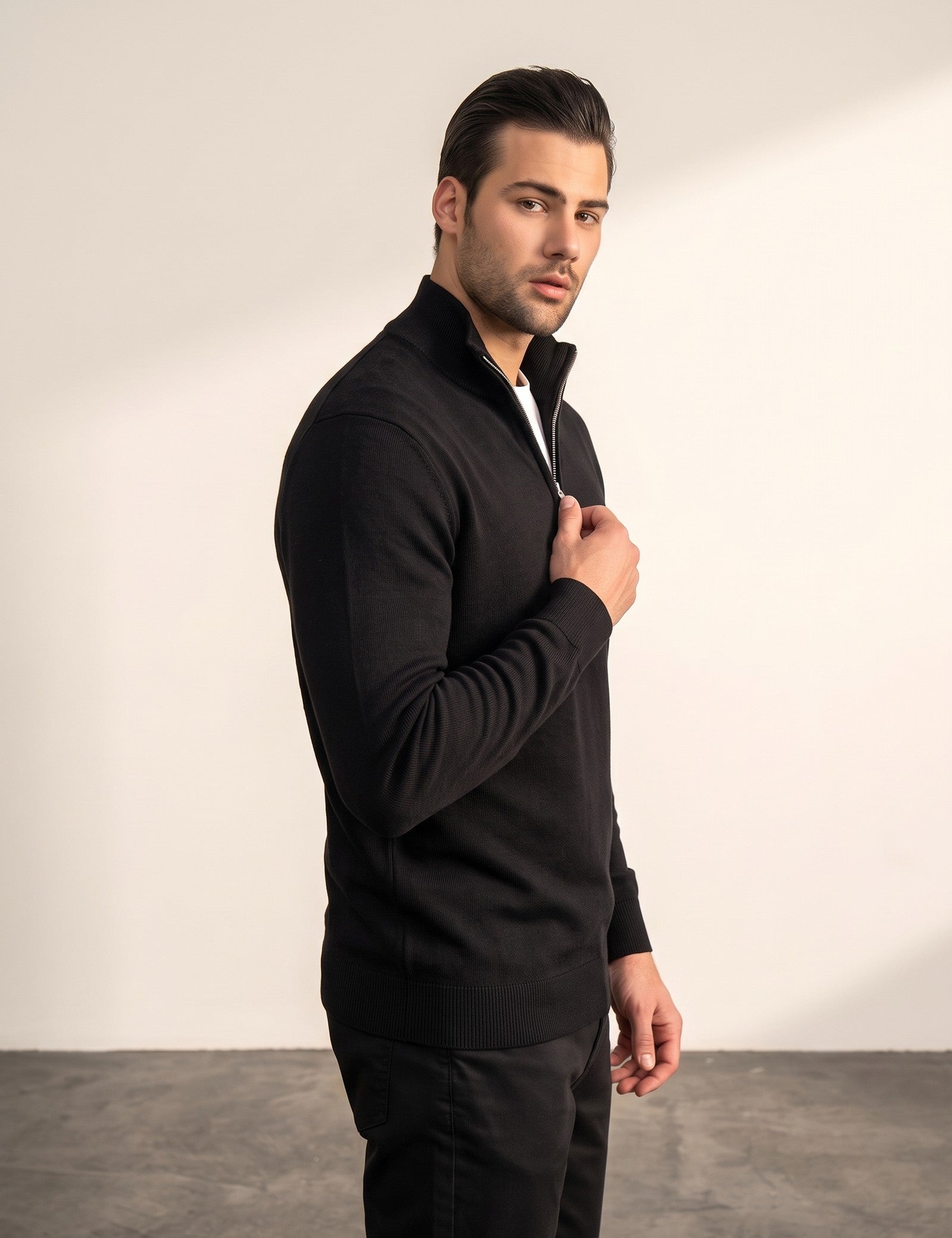 Quarter Zip Sweater, side view, full length