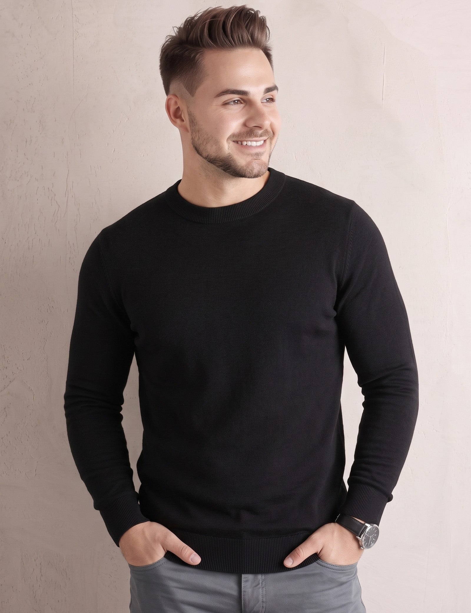 Ribbed Crewneck Sweater, three-quarter view from the right, full length