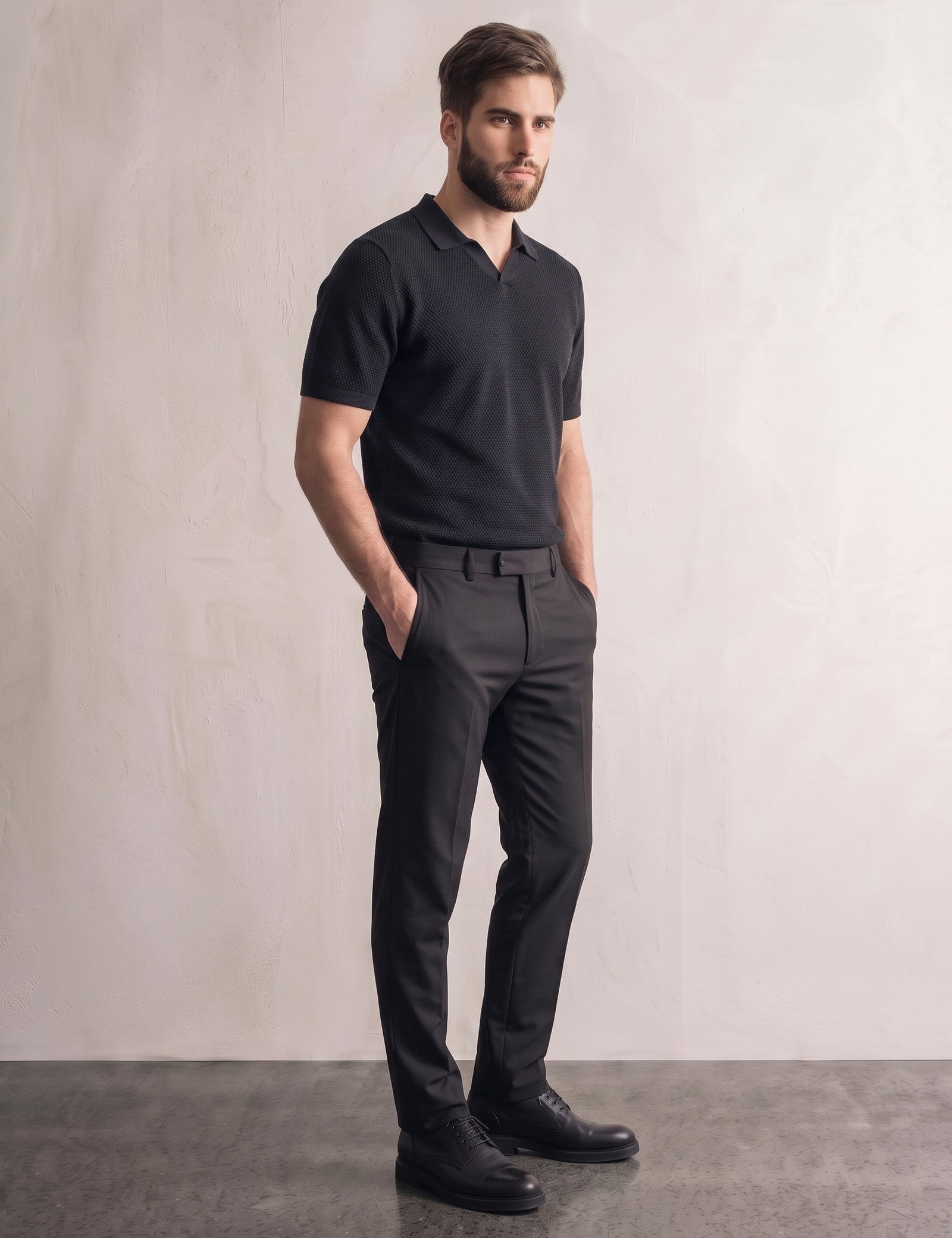 Short Sleeve Polo Shirt, three-quarter view from the left, full length