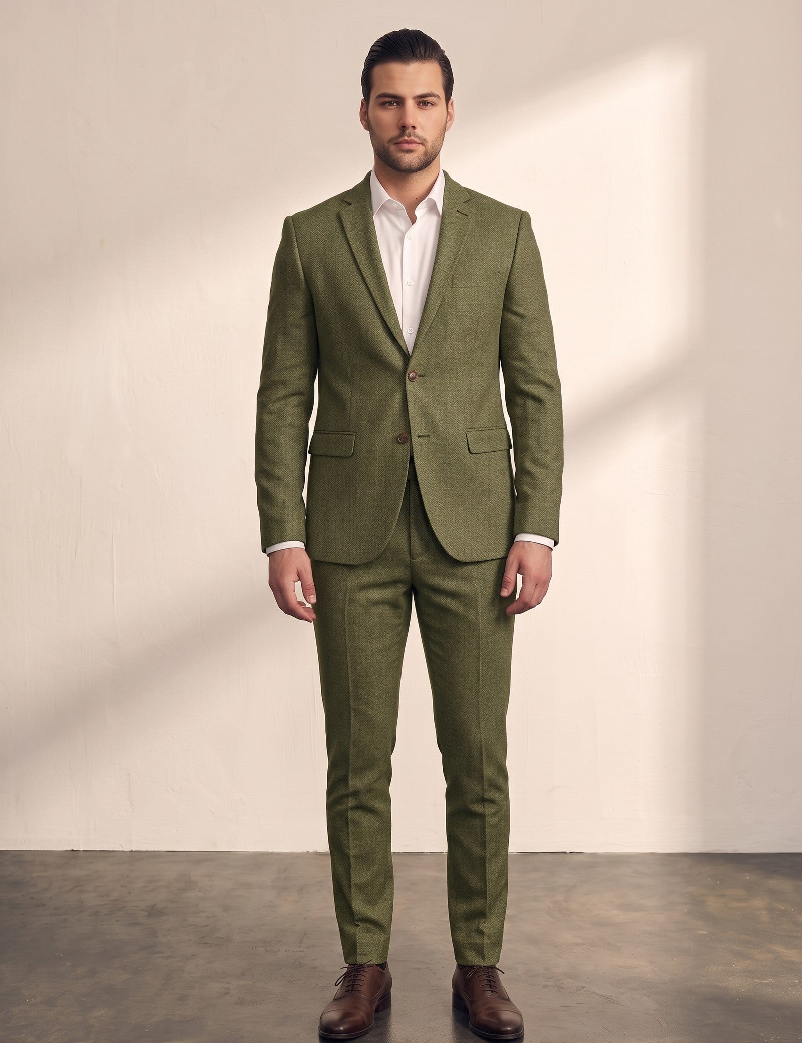 Slim Fit Suit in Olive Green, front view, full length
