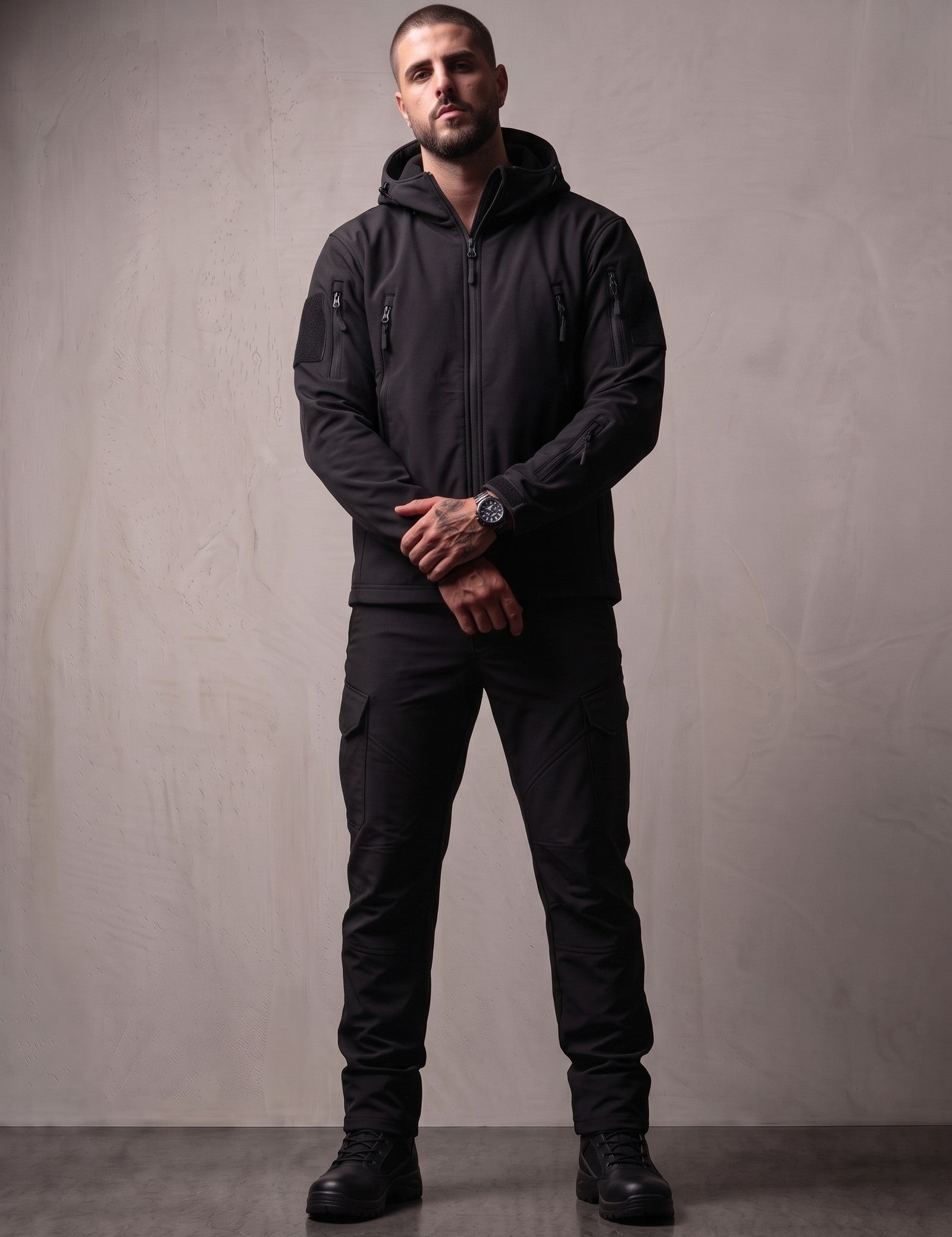Softshell Set in Black, front view, full length