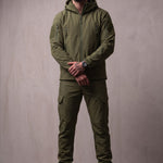 Softshell Set in Olive Green, front view, full length