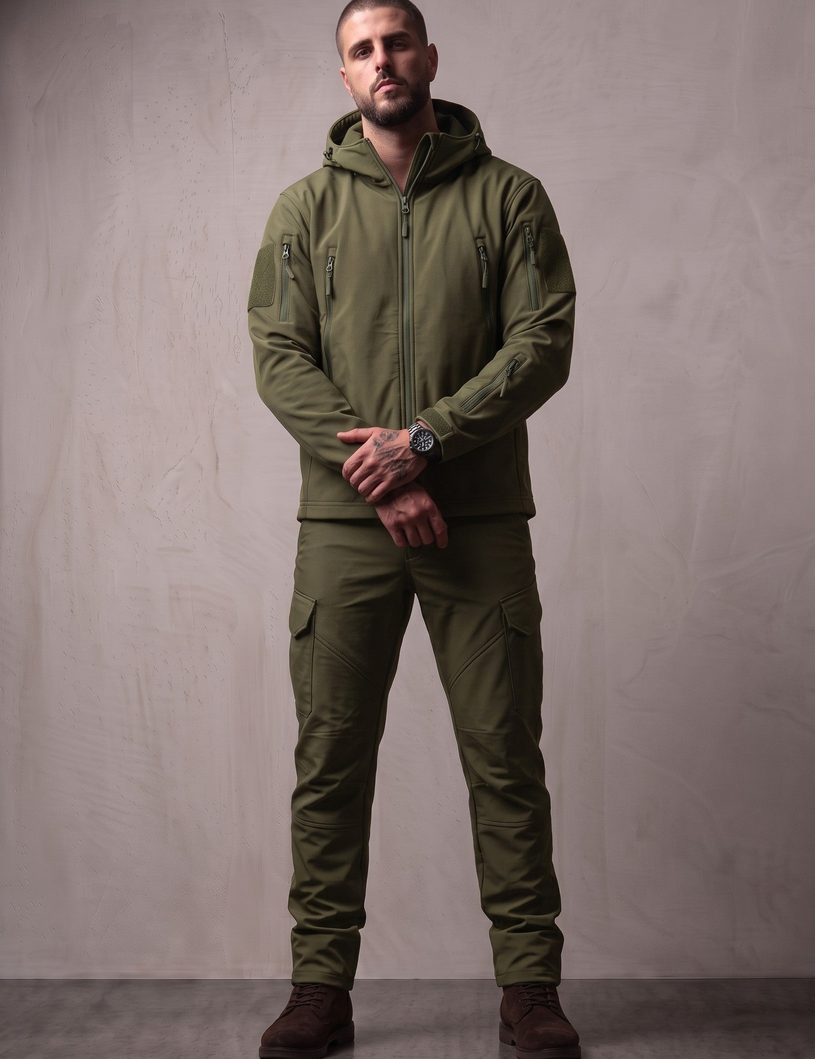 Softshell Set in Olive Green, front view, full length