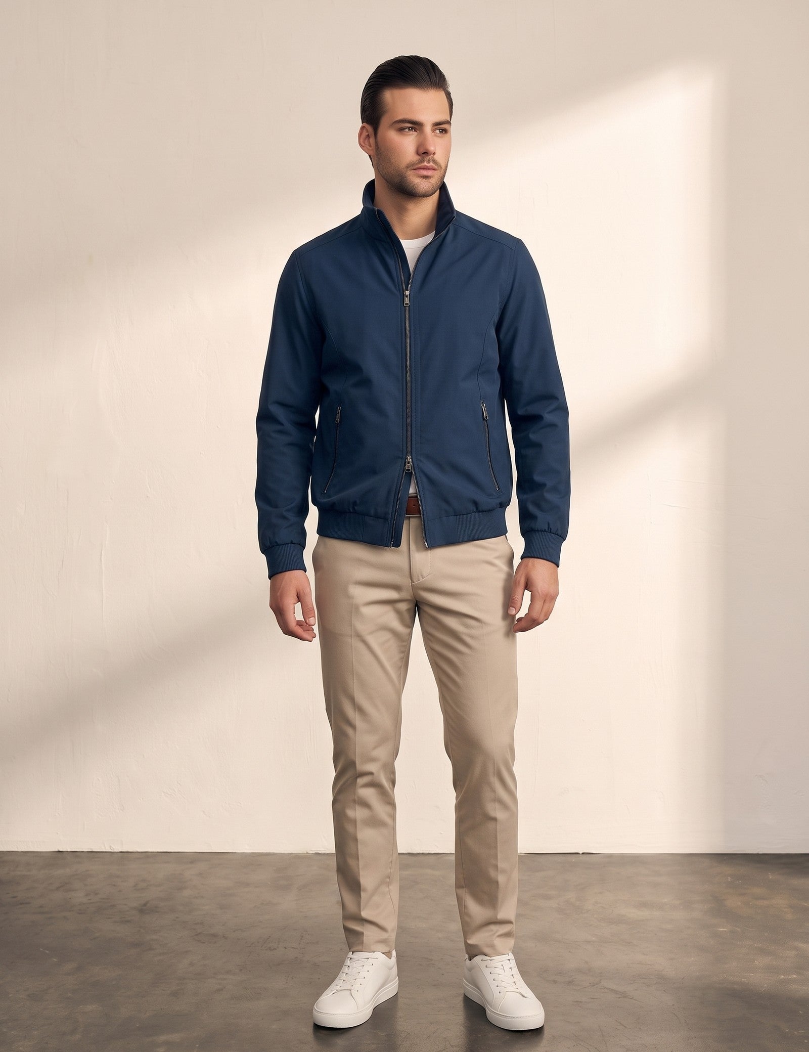Stand Collar Bomber Jacket, front view, full length