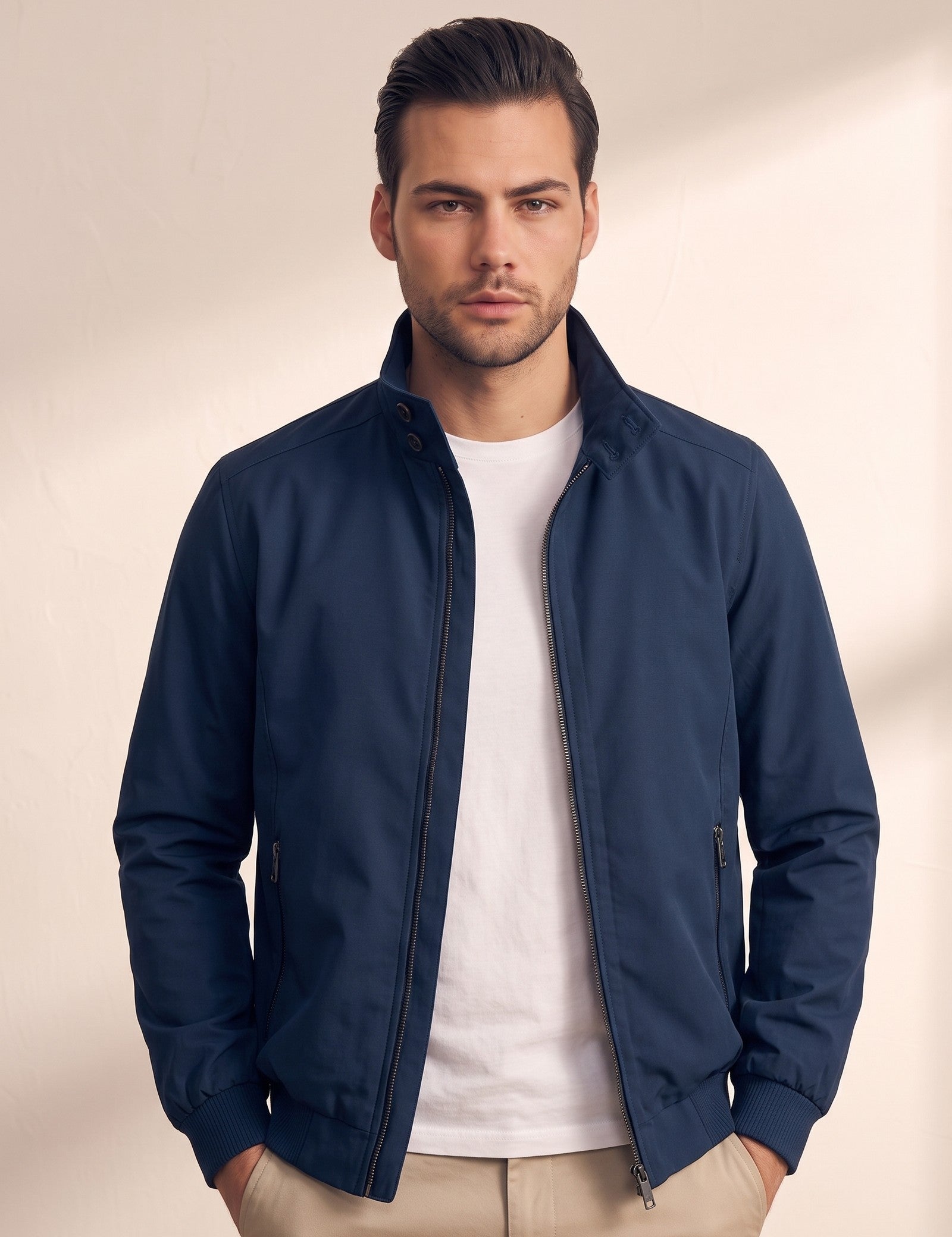 Stand Collar Bomber Jacket, close-up of the upper body