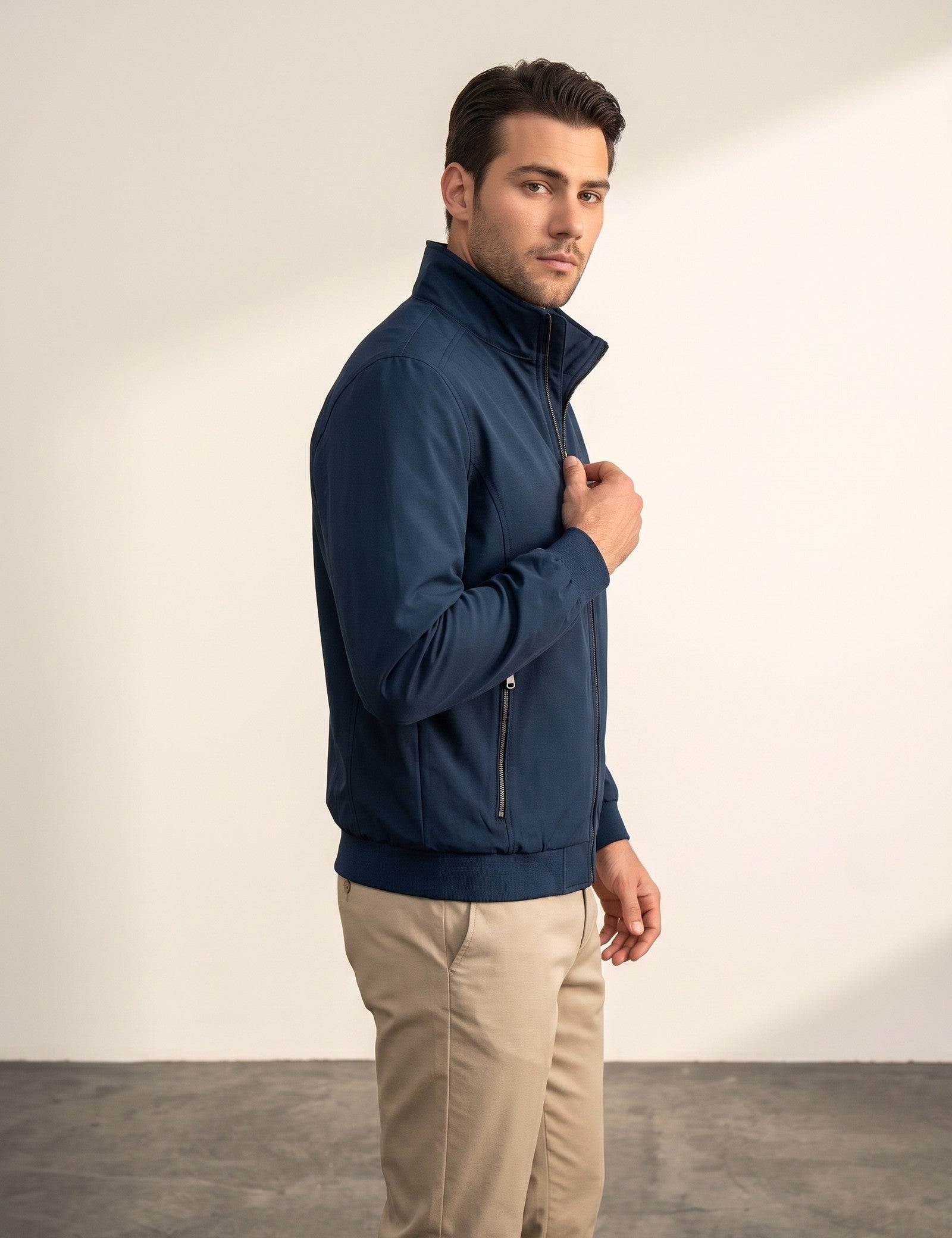 Stand Collar Bomber Jacket, side view, full length