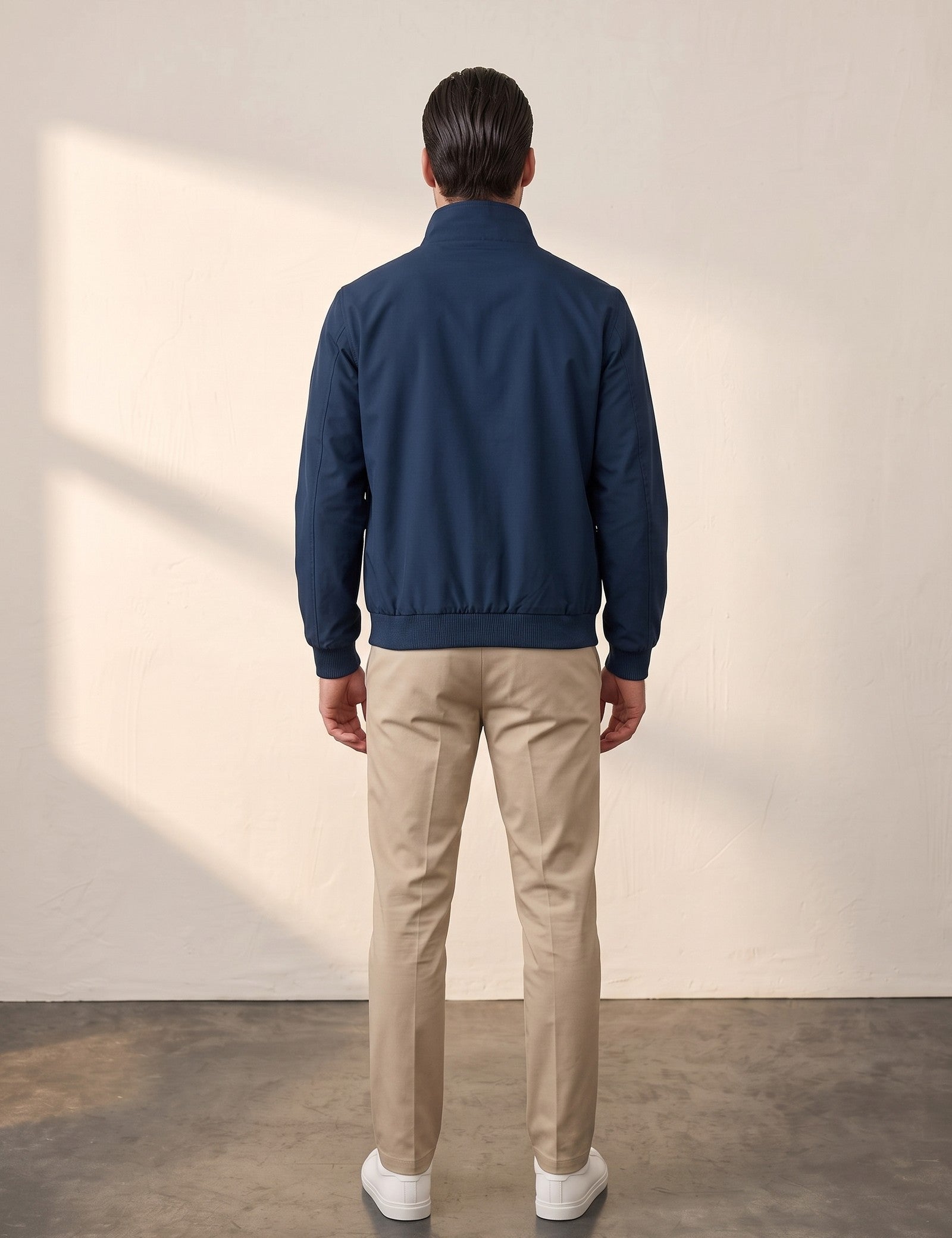 Stand Collar Bomber Jacket, back view, full length