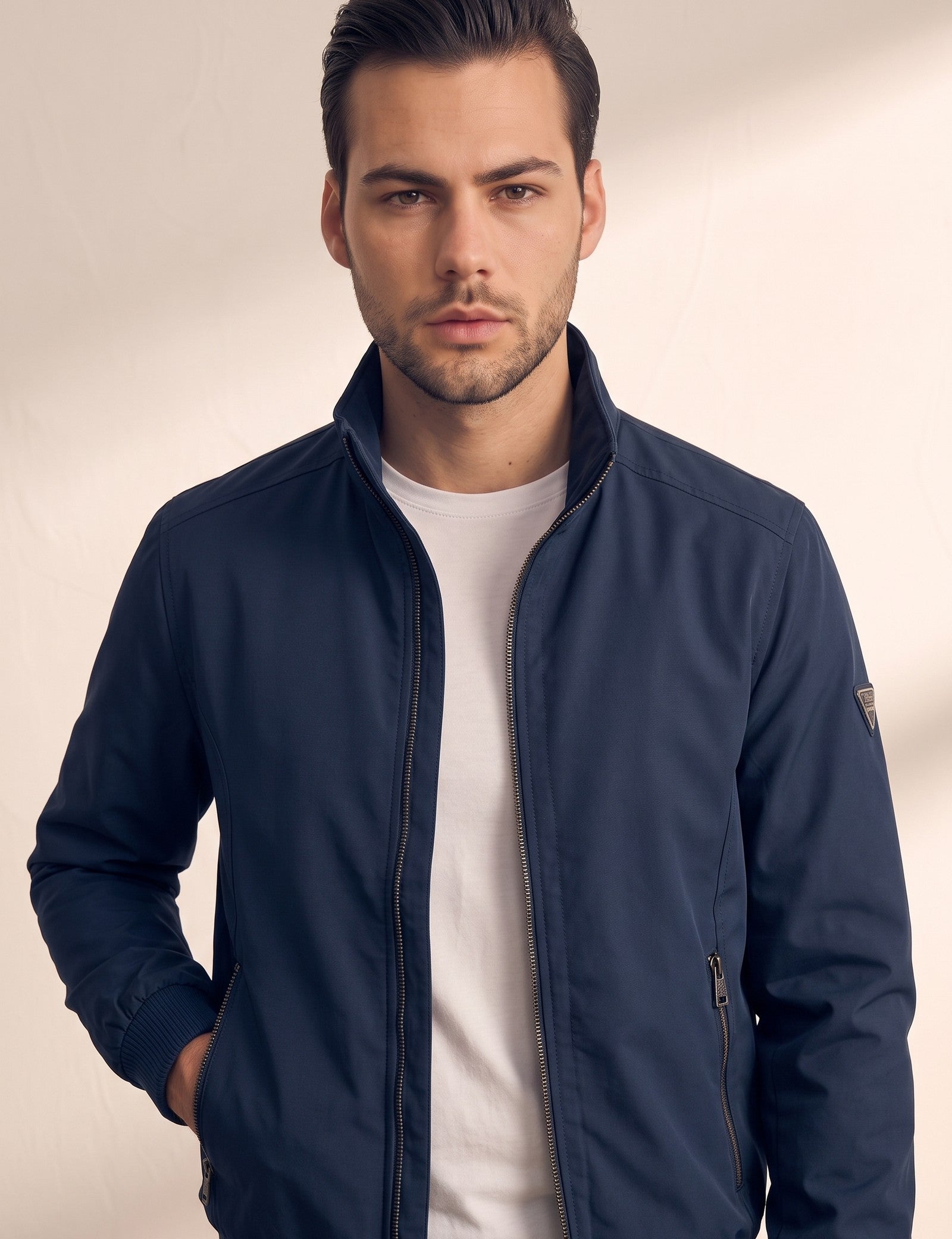 Stand Collar Bomber Jacket, close-up of the upper body