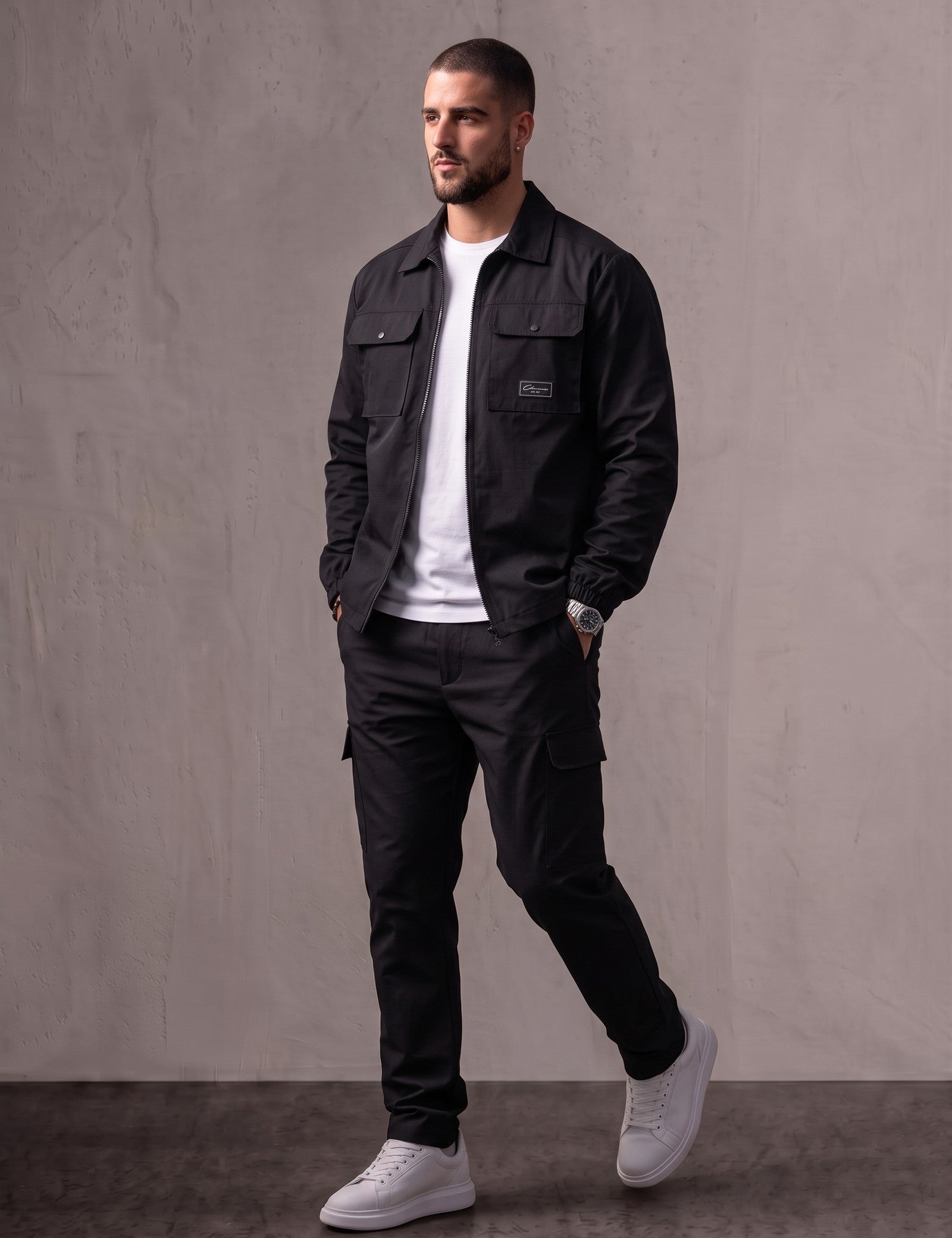Utility Overshirt, three-quarter view from the right, full length