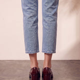 Women's Burgundy Patent Block Heel Loafers, back view of the heels, worn.