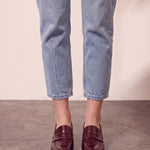 Women's Burgundy Patent Block Heel Loafers, front view of the shoes, worn.