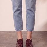 Women's Burgundy Patent Block Heel Loafers, front view of the shoes, worn.