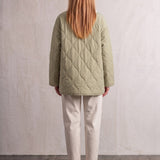 Women's Sage Green Quilted Collarless Jacket with Pockets, back view, full length.