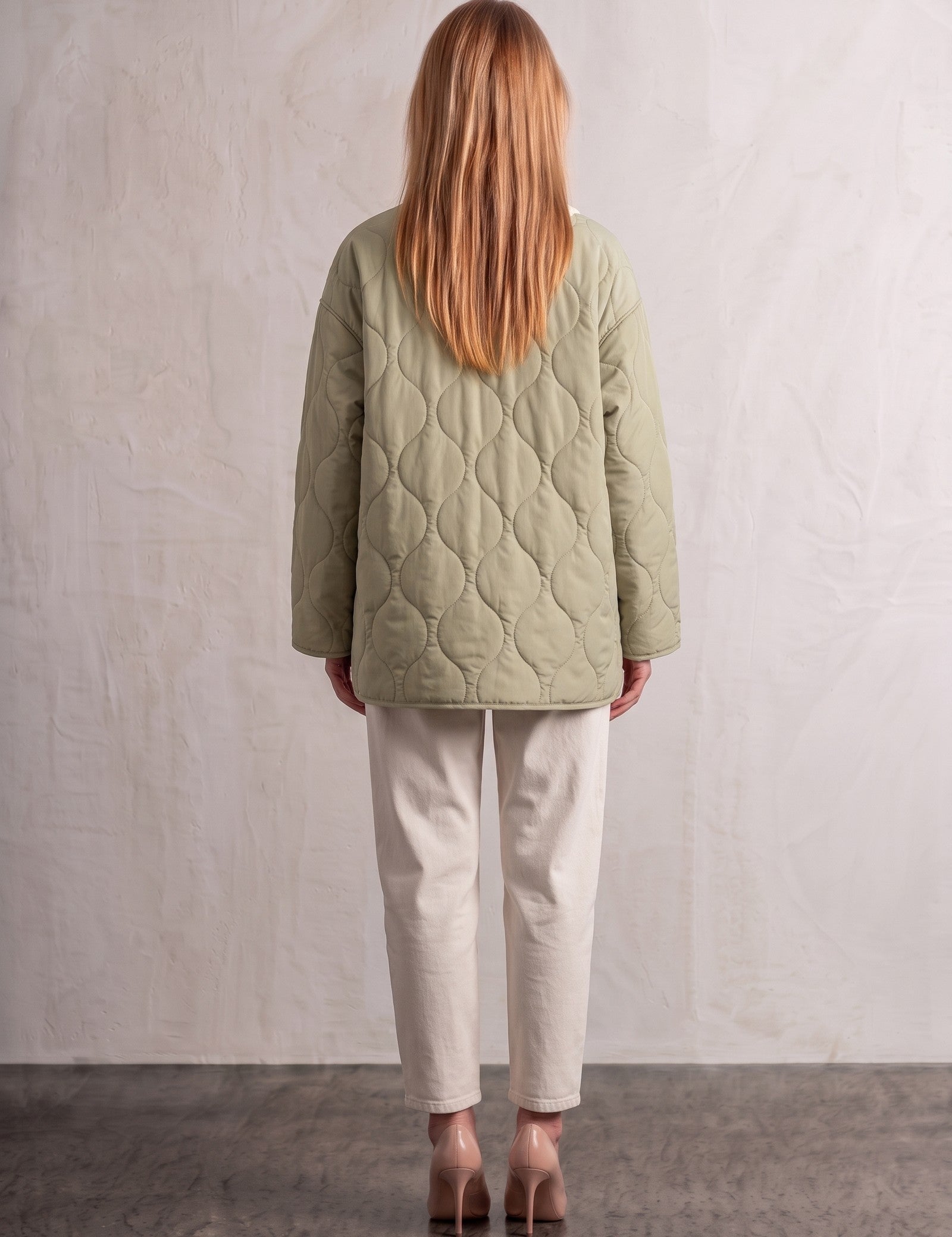 Women's Sage Green Quilted Collarless Jacket with Pockets, back view, full length.