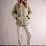 Women's Sage Green Quilted Collarless Jacket with Pockets, front view, full length.