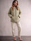Women's Sage Green Quilted Collarless Jacket with Pockets, front view, full length.