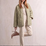 Women's Sage Green Quilted Collarless Jacket with Pockets, three-quarter view from the left, full length.