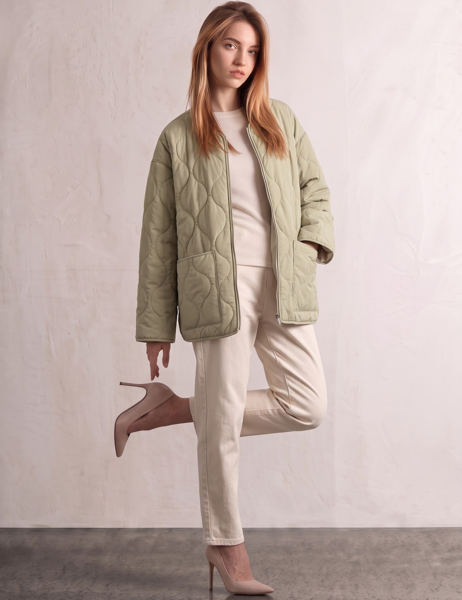 Women's Sage Green Quilted Collarless Jacket with Pockets, three-quarter view from the left, full length.