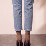 Women's Taupe Ribbed Knit Stiletto Sock Boots, back view of the heels, worn.