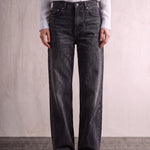 Women's Washed Black High Waisted Wide Leg Jeans, front view from the waist down.
