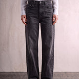 Women's Washed Black High Waisted Wide Leg Jeans, front view from the waist down.