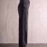 Women's Washed Black High Waisted Wide Leg Jeans, side view from the waist down.