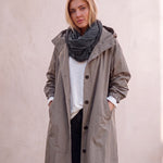Women's Anthracite Hooded Drawstring Trench Coat, three-quarter view from the right, full length.