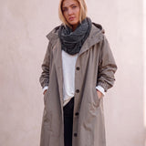 Women's Anthracite Hooded Drawstring Trench Coat, three-quarter view from the right, full length.