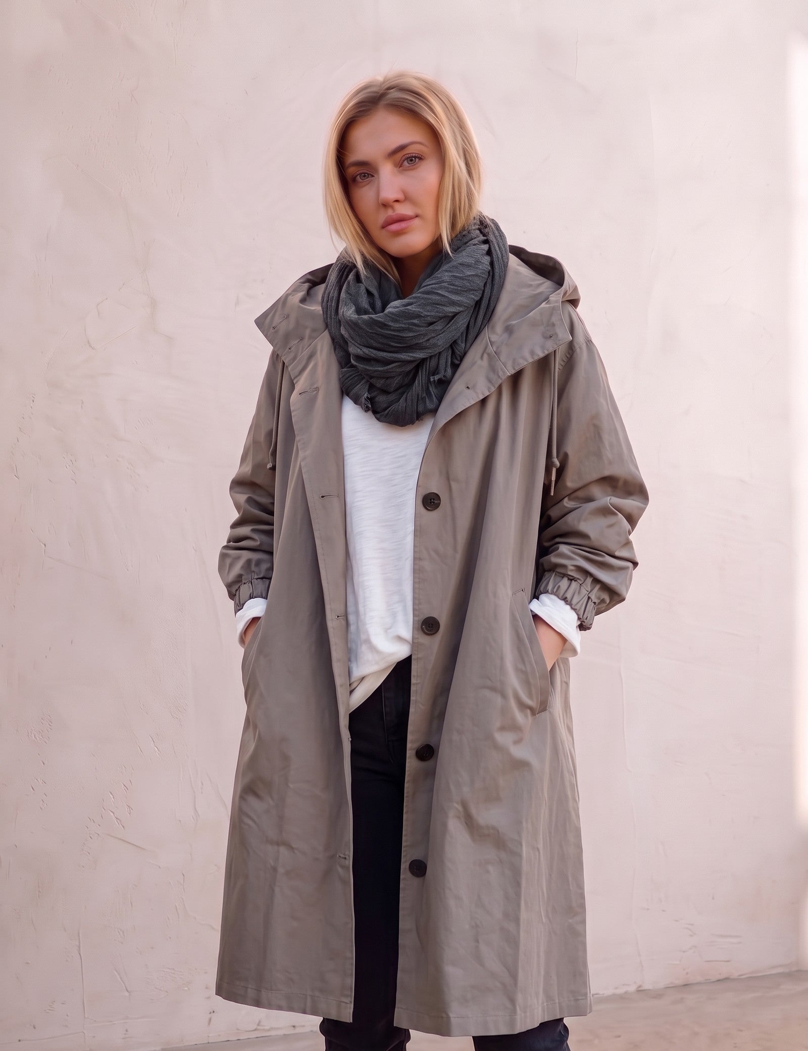 Women's Anthracite Hooded Drawstring Trench Coat, three-quarter view from the right, full length.