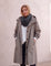Women's Anthracite Hooded Drawstring Trench Coat, three-quarter view from the right, full length.