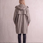 Women's Anthracite Hooded Drawstring Trench Coat, back view, full length.