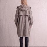 Women's Anthracite Hooded Drawstring Trench Coat, back view, full length.
