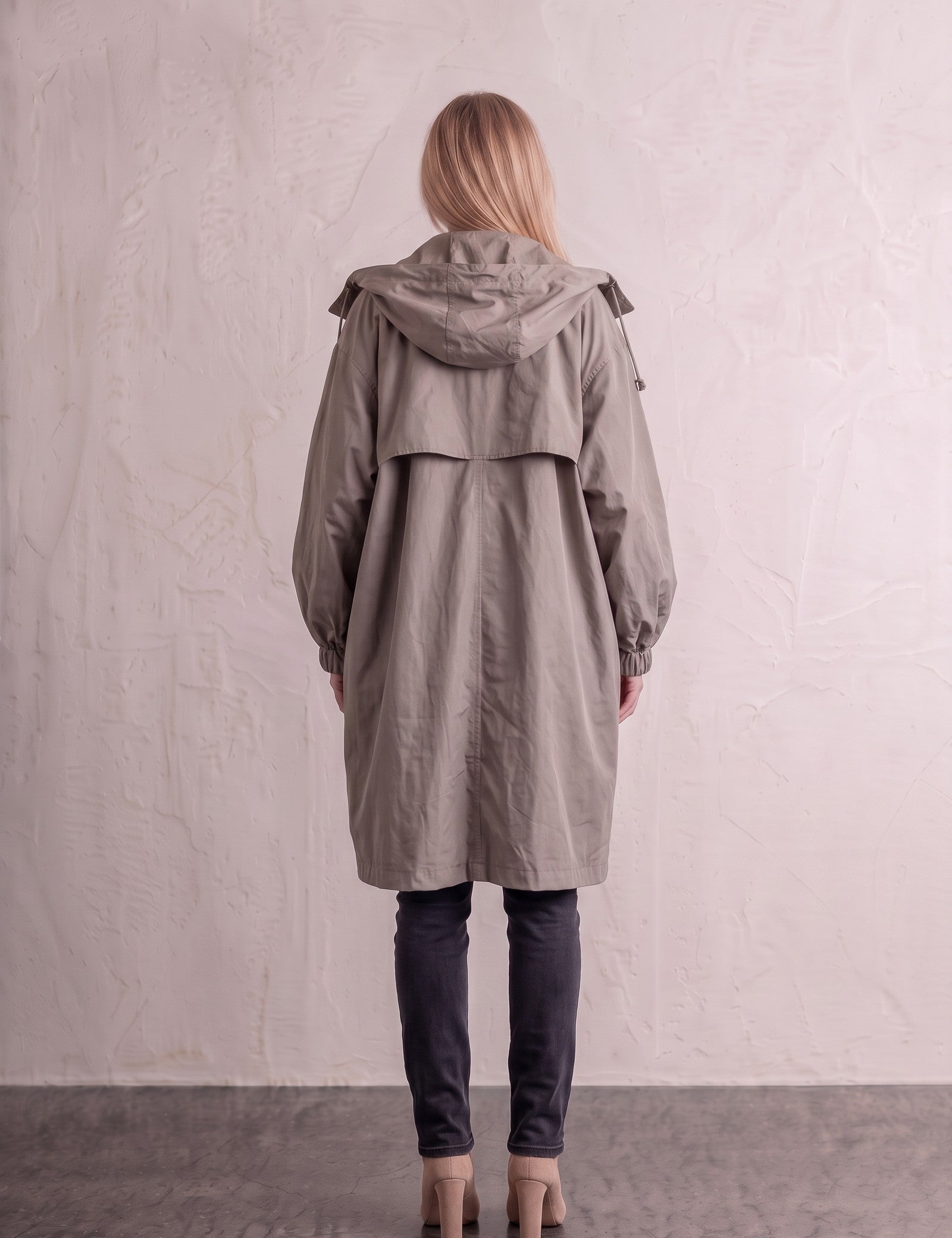 Women's Anthracite Hooded Drawstring Trench Coat, back view, full length.