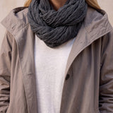 Women's Anthracite Hooded Drawstring Trench Coat, close-up of the upper body.