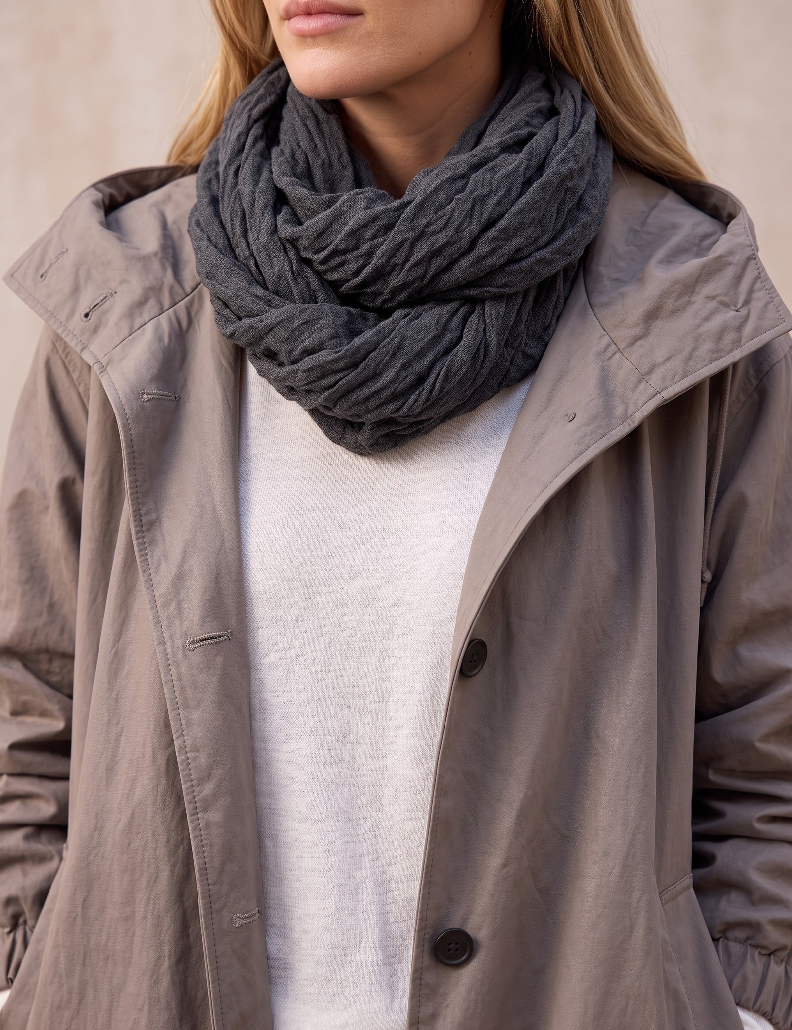 Women's Anthracite Hooded Drawstring Trench Coat, close-up of the upper body.