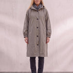 Women's Anthracite Hooded Drawstring Trench Coat, front view, full length.