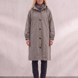 Women's Anthracite Hooded Drawstring Trench Coat, front view, full length.