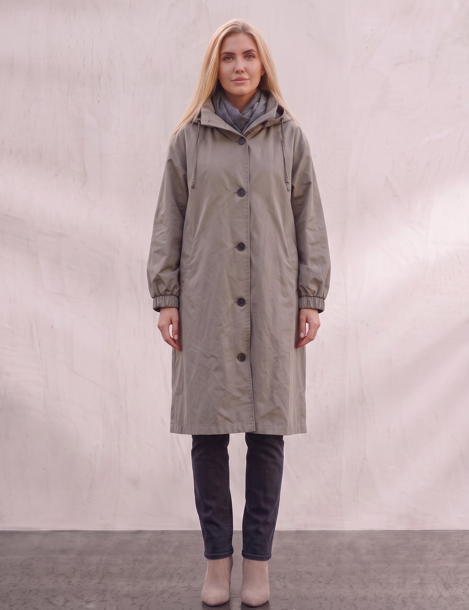 Women's Anthracite Hooded Drawstring Trench Coat, front view, full length.